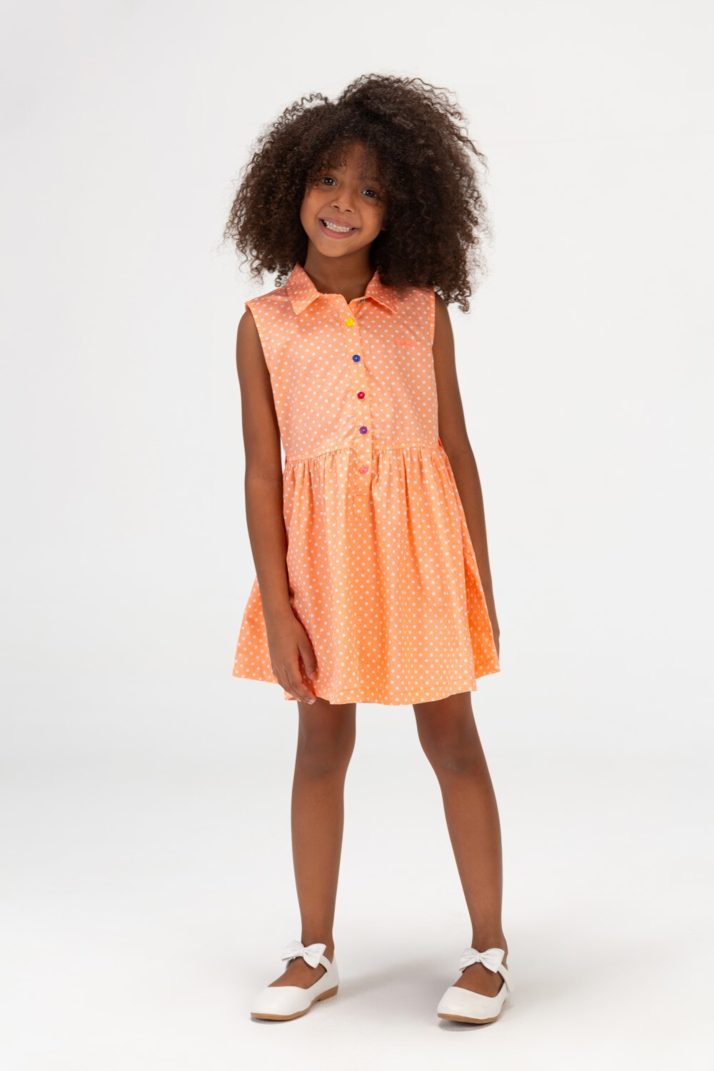 Girls Sleeveless Doted Summer Dress With Colorful Buttons On The Front Salmon