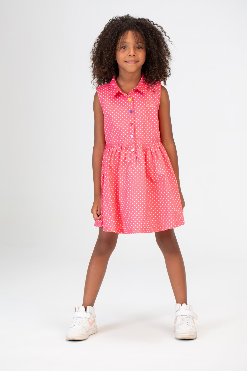 Girls Doted Knee Length Fabric Cut Dress In Pink