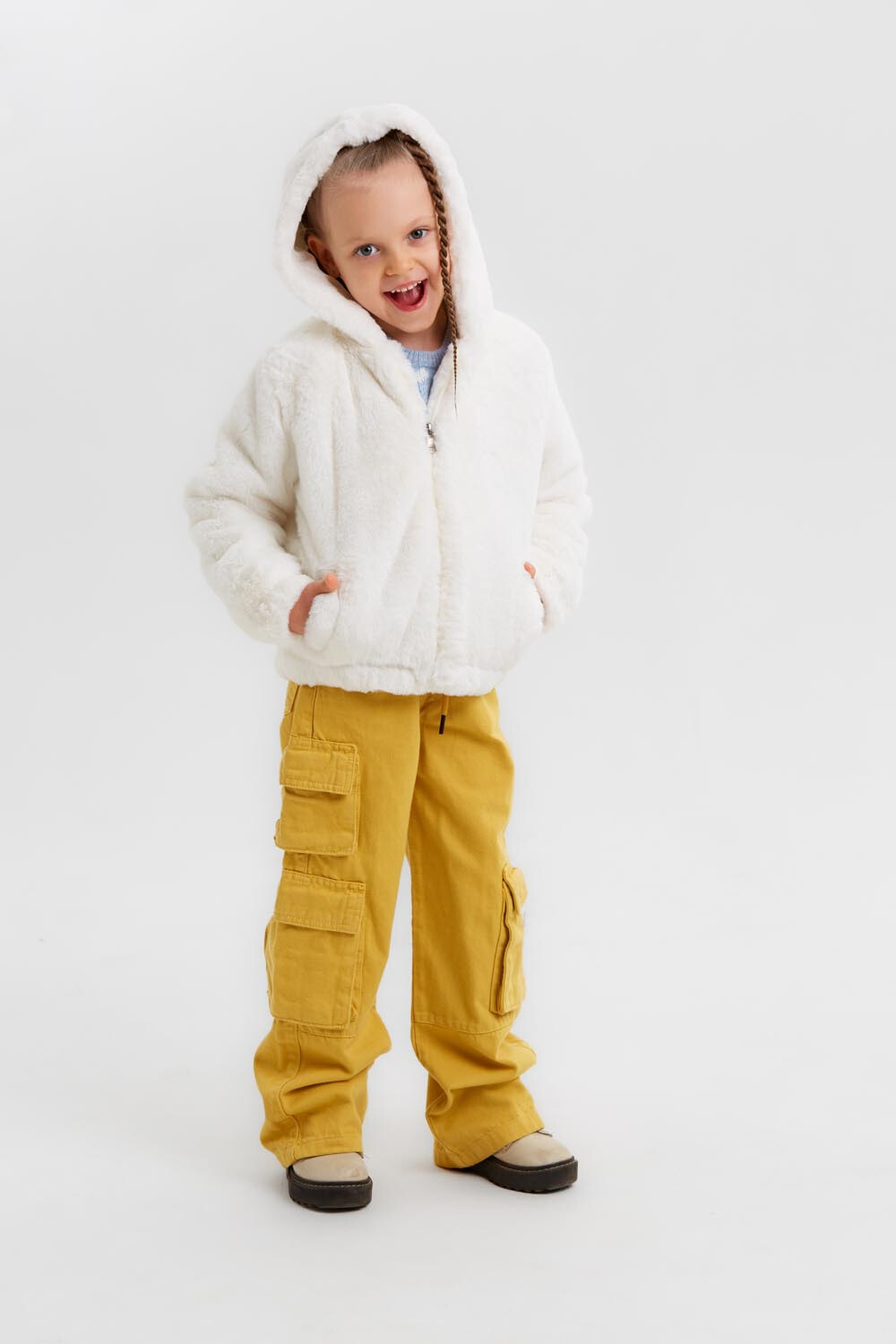 Girls's Casual Front Pockets Full Zipper Fur Hooded Jacket