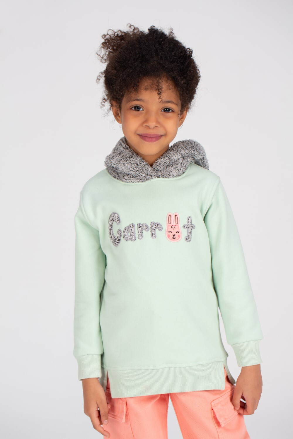 Girl's Hoodie Long Sleeves Front Printed Padded Sweatshirt With Unique Fur Hooded