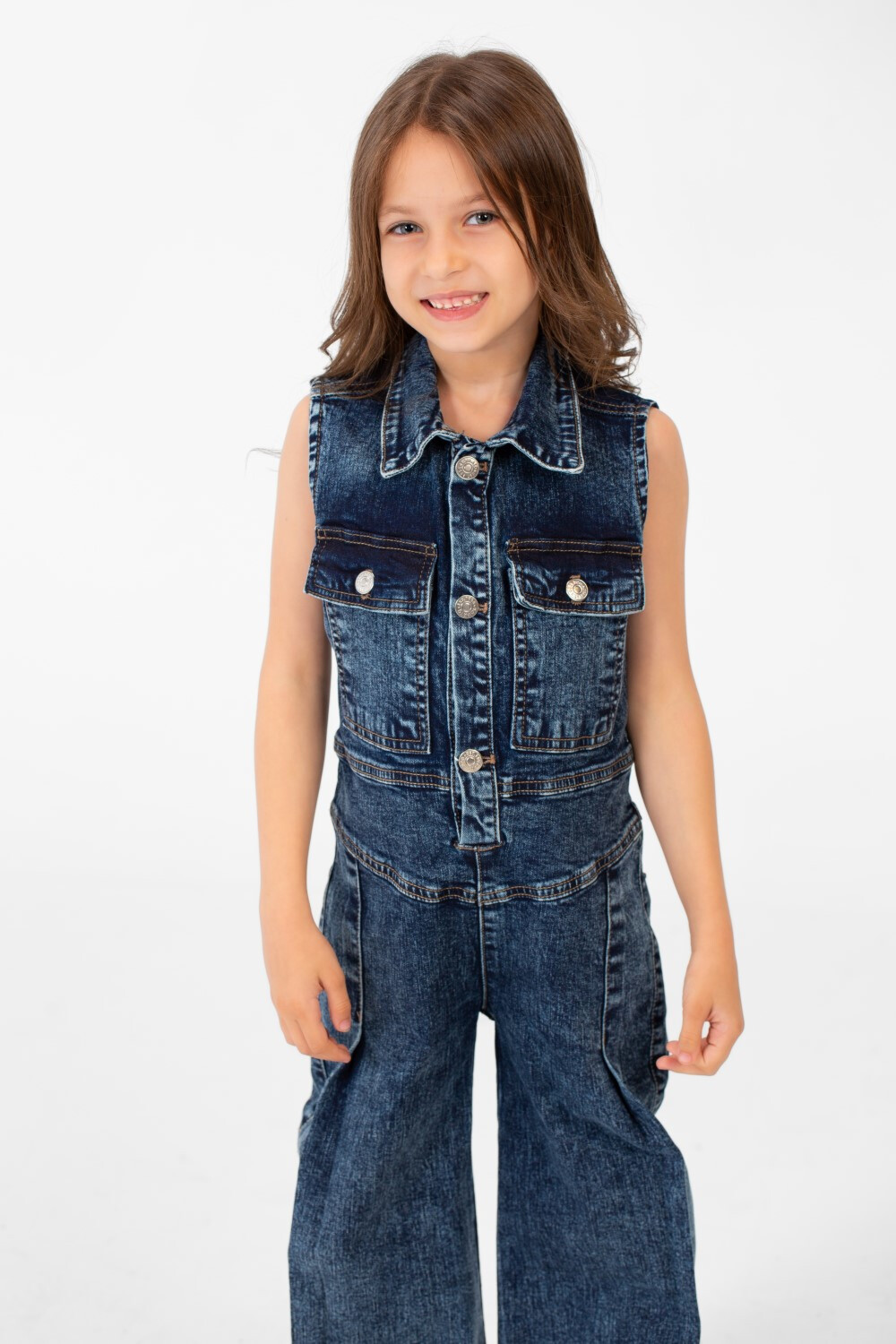Girl's Cut Front & Back Pockets Jumpsuit With Half Buttons In Modern Cut