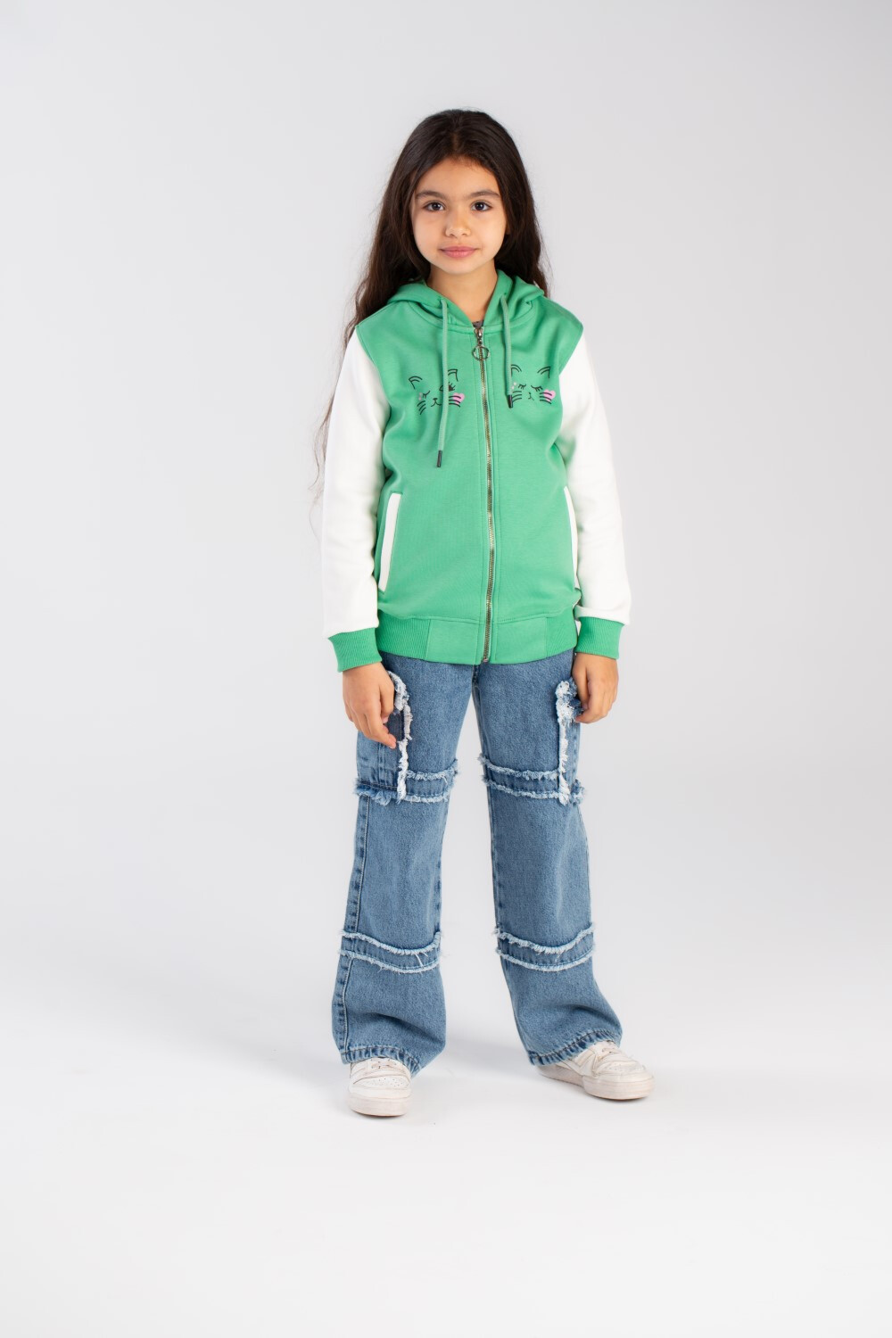 Girl's Full Zipper Padded Front Printed Unique Style Hooded Padded Sweatshirt