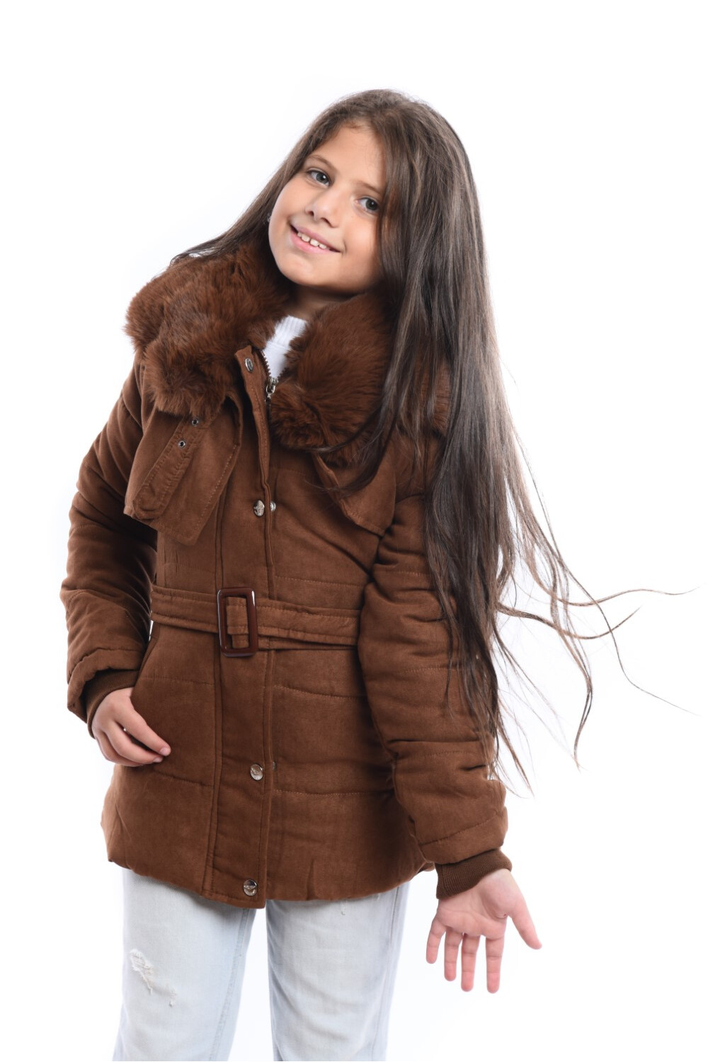 Girl's Waterproof Fur Collar Padded With Front Pockets Jacket