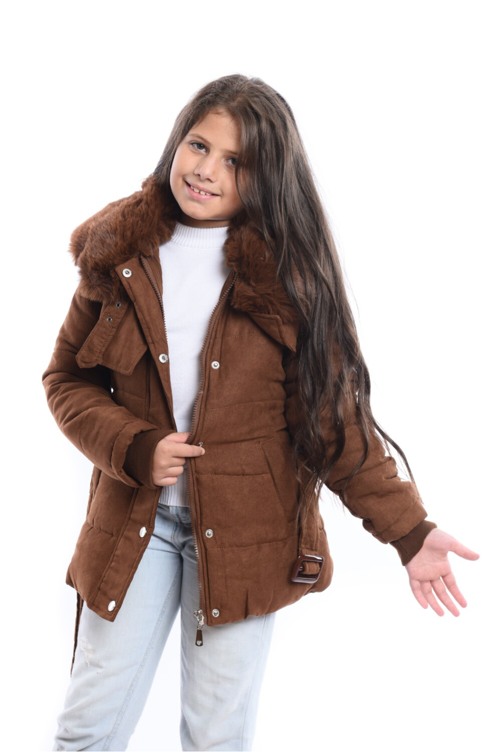 Girl's Waterproof Fur Collar Padded With Front Pockets Jacket