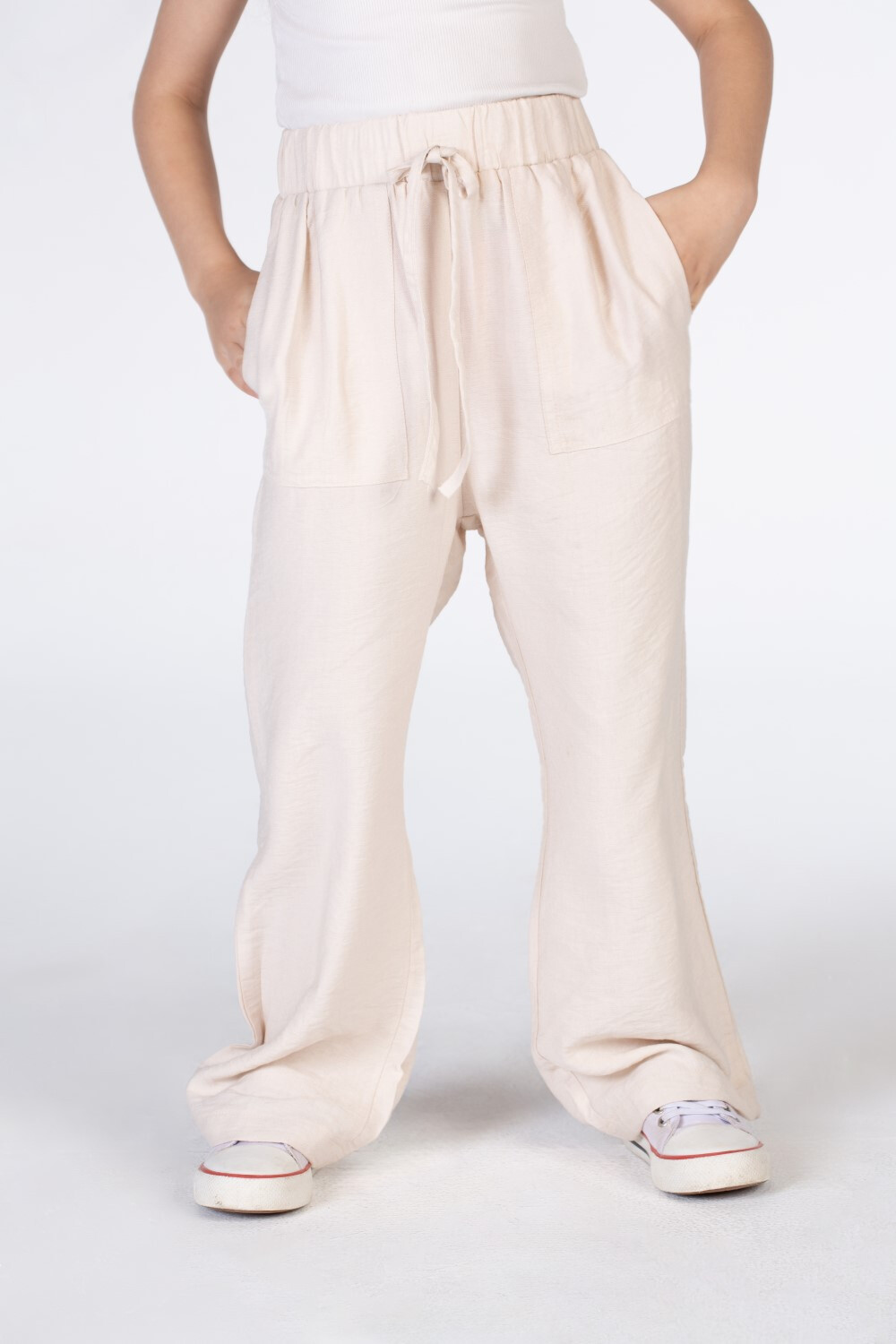 Girls Long Linen High Waist Pants With Elasticated Waist And Side Pockets