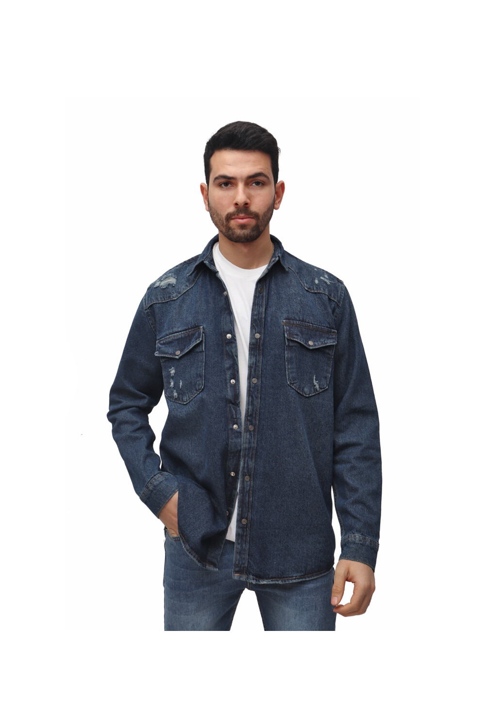 Men's Denim Front Pockets Cutting Details Long Sleeves Shirt