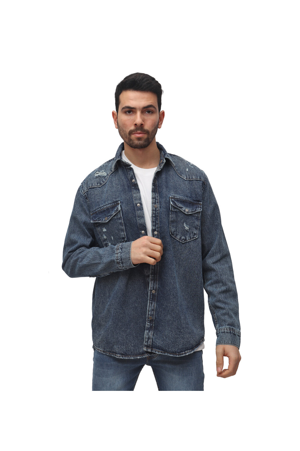 Men's Denim Front Pockets Cutting Details Long Sleeves Shirt