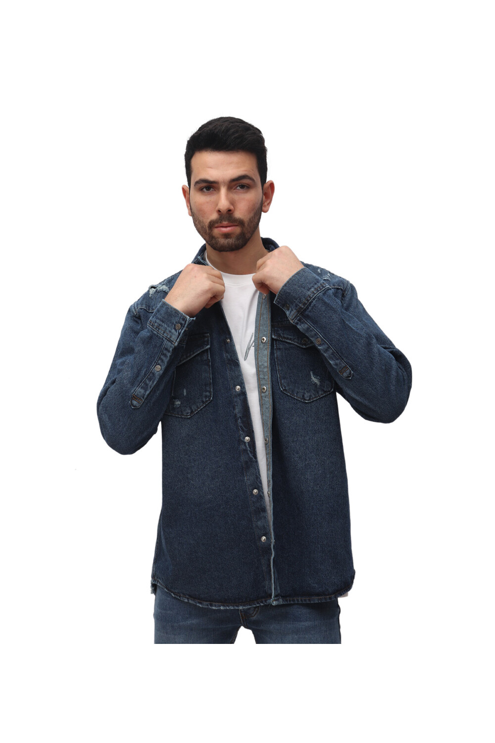 Men's Denim Front Pockets Cutting Details Long Sleeves Shirt