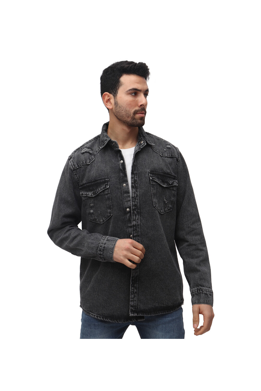 Men's Denim Front Pockets Cutting Details Long Sleeves Shirt