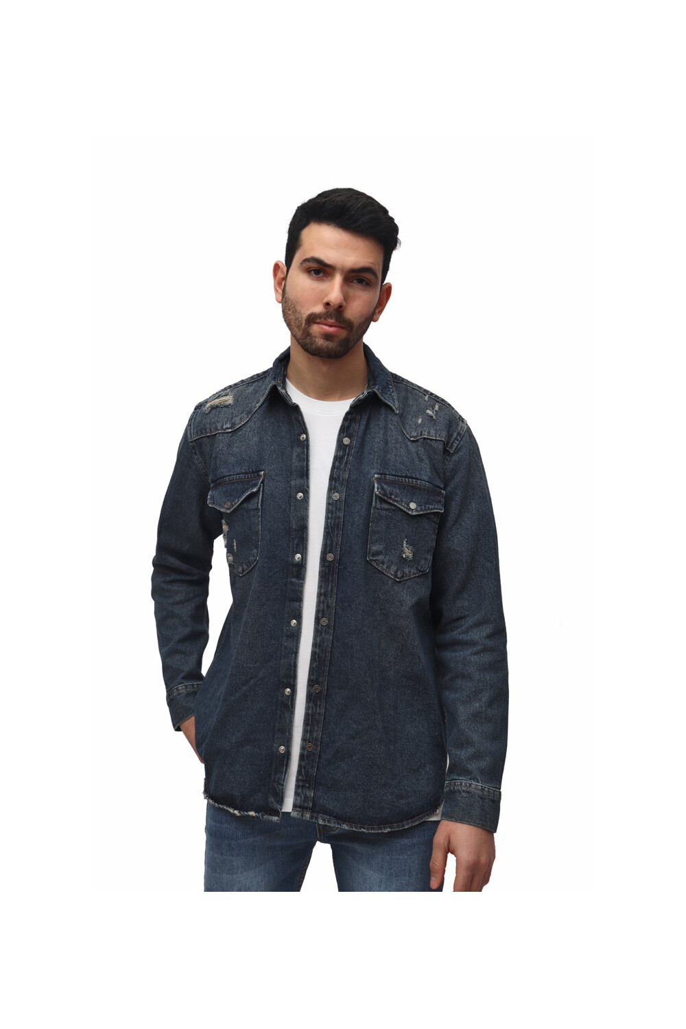 Men's Denim Front Pockets Cutting Details Long Sleeves Shirt
