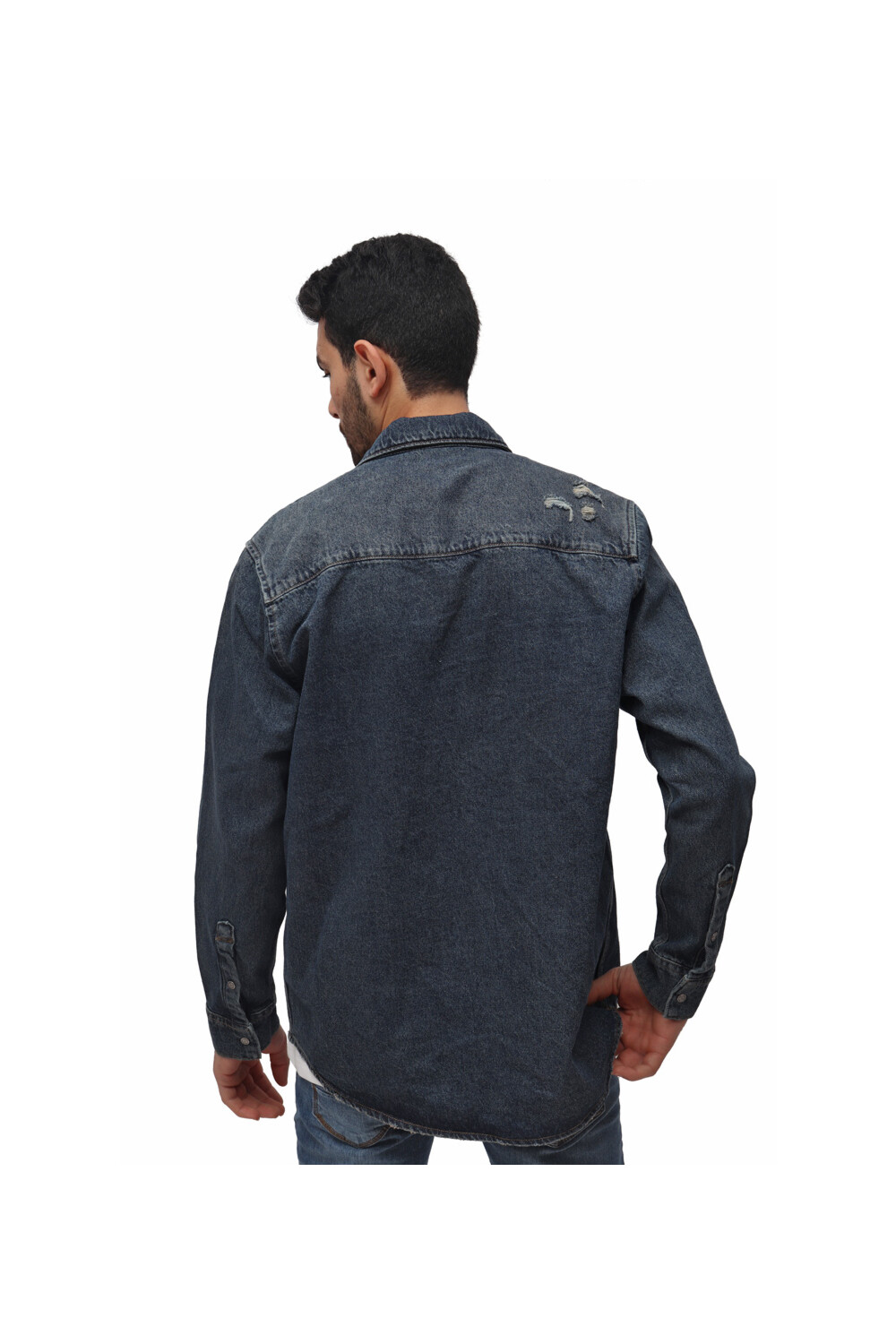 Men's Denim Front Pockets Cutting Details Long Sleeves Shirt