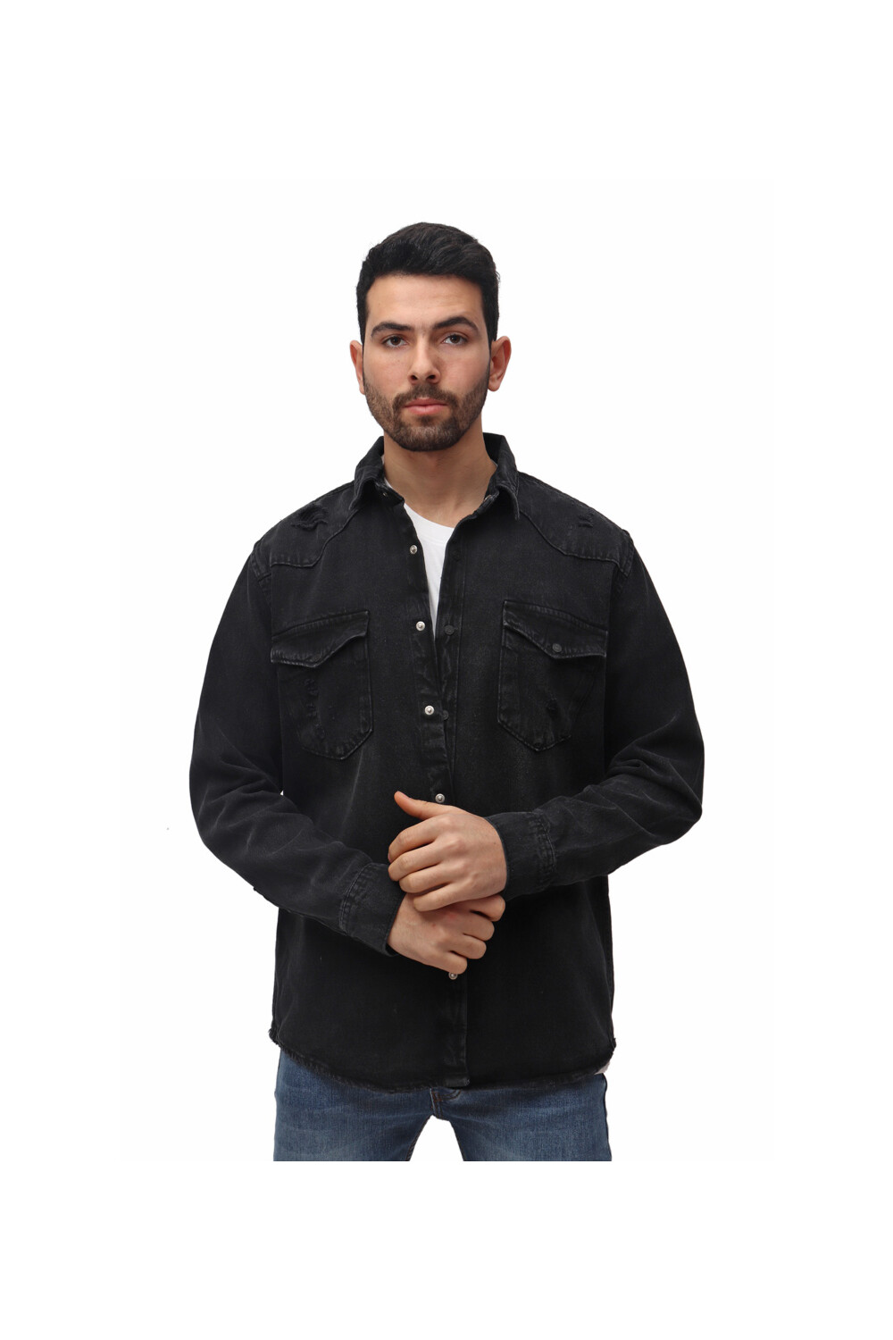 Men's Denim Front Pockets Cutting Details Long Sleeves Shirt
