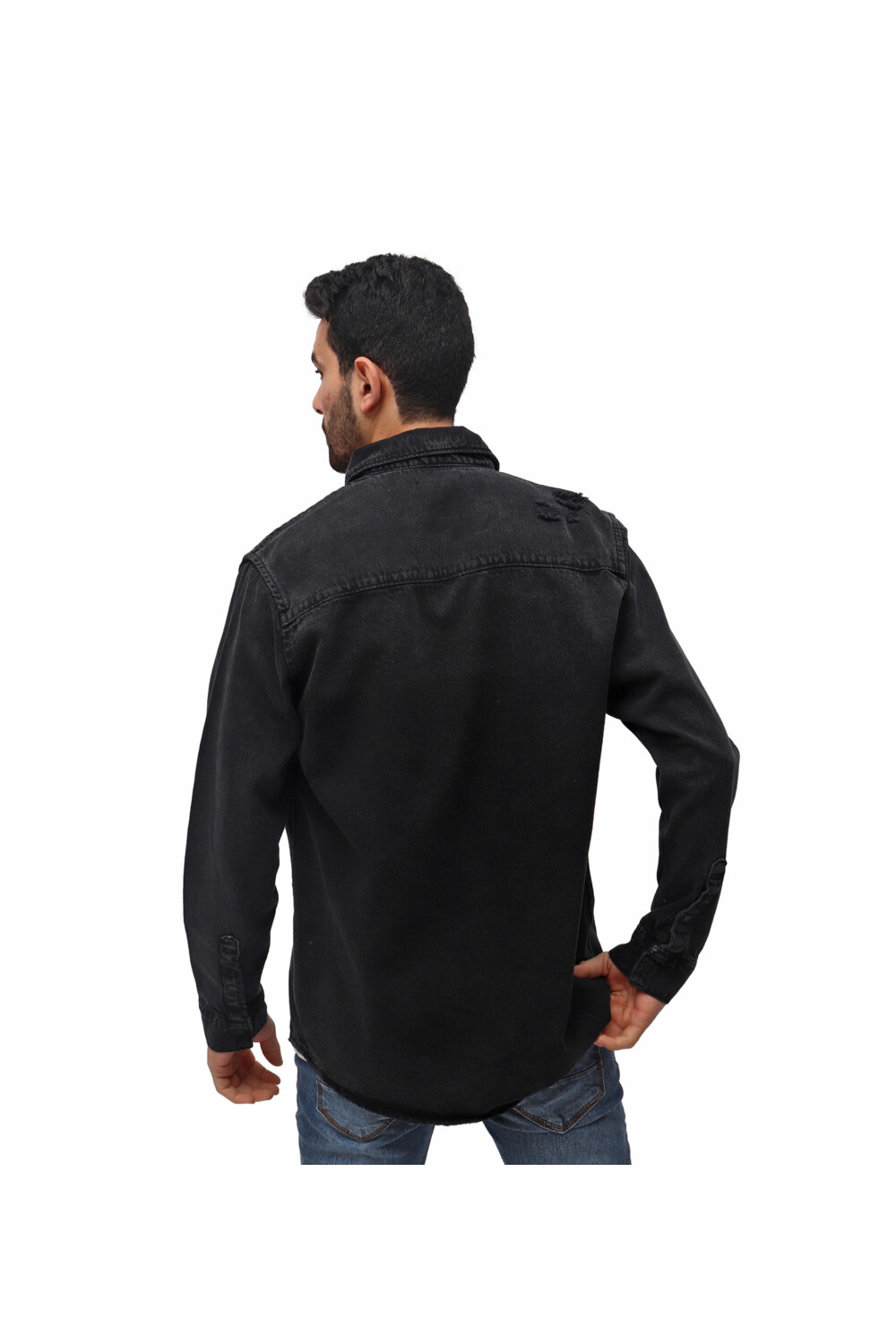 Men's Denim Front Pockets Cutting Details Long Sleeves Shirt