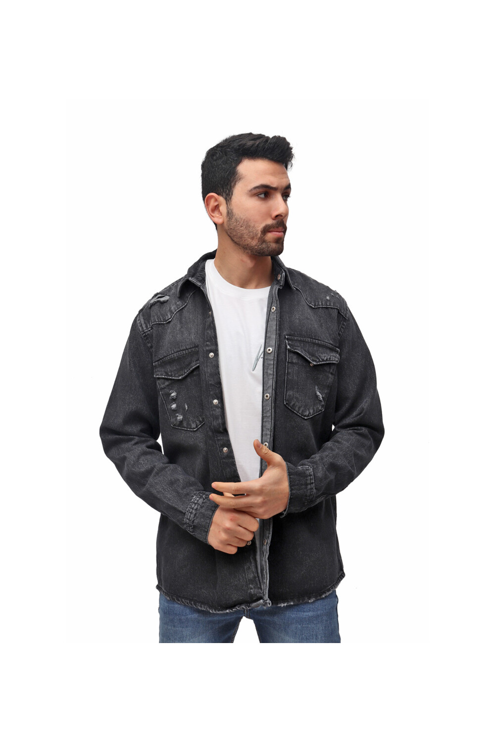 Men's Denim Front Pockets Cutting Details Long Sleeves Shirt