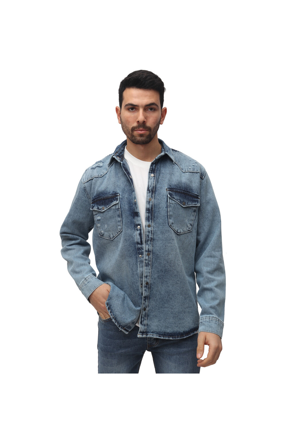 Men's Denim Front Pockets Cutting Details Long Sleeves Shirt