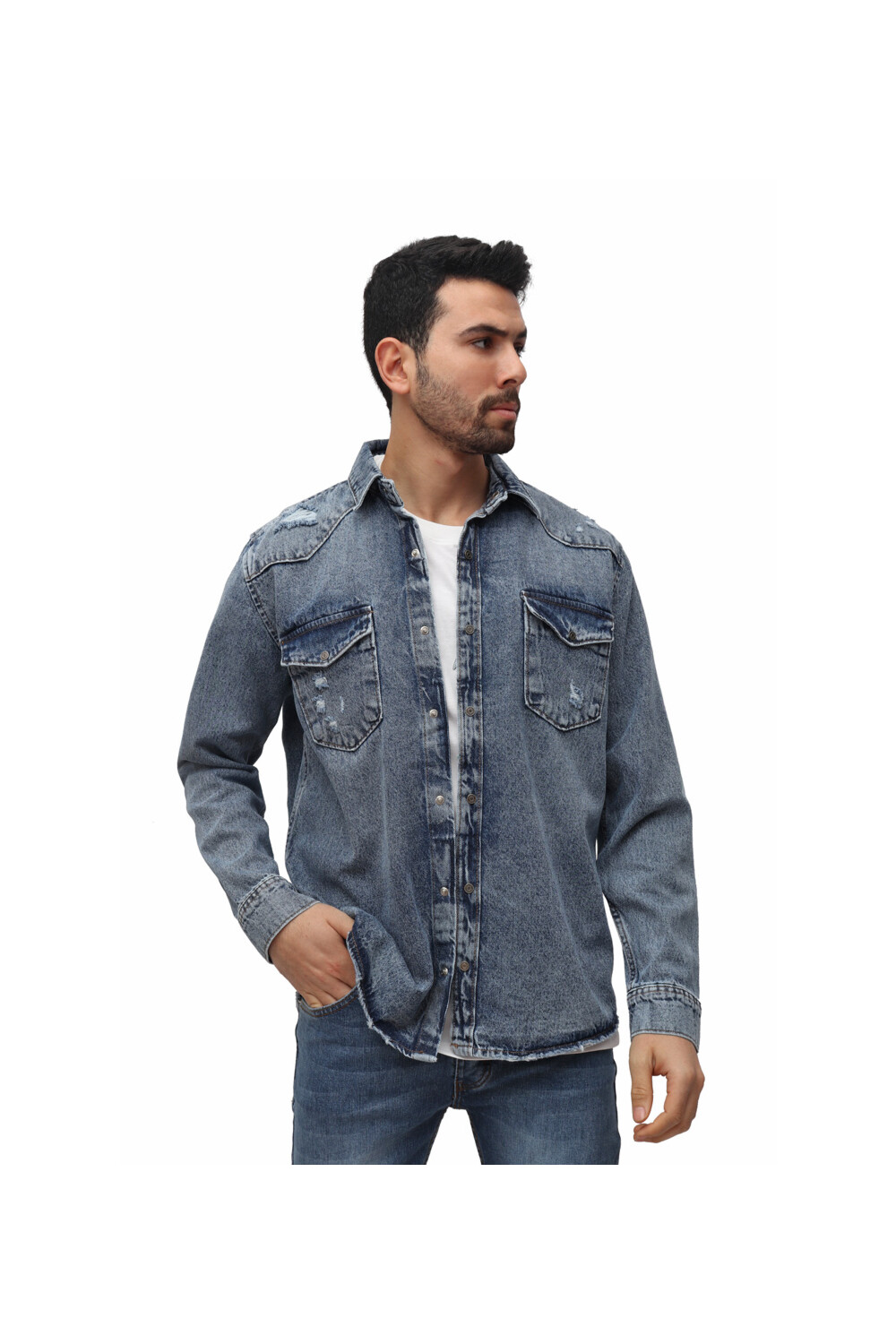 Men's Denim Front Pockets Cutting Details Long Sleeves Shirt