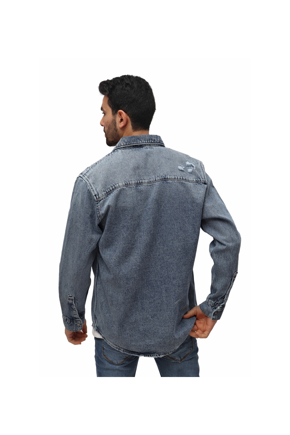 Men's Denim Front Pockets Cutting Details Long Sleeves Shirt