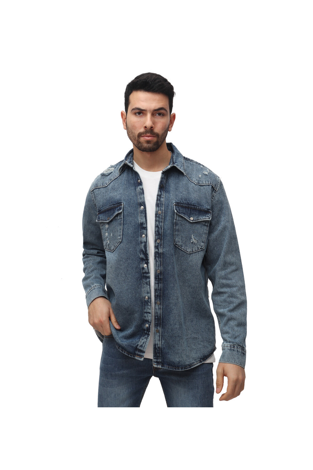 Men's Denim Front Pockets Cutting Details Long Sleeves Shirt