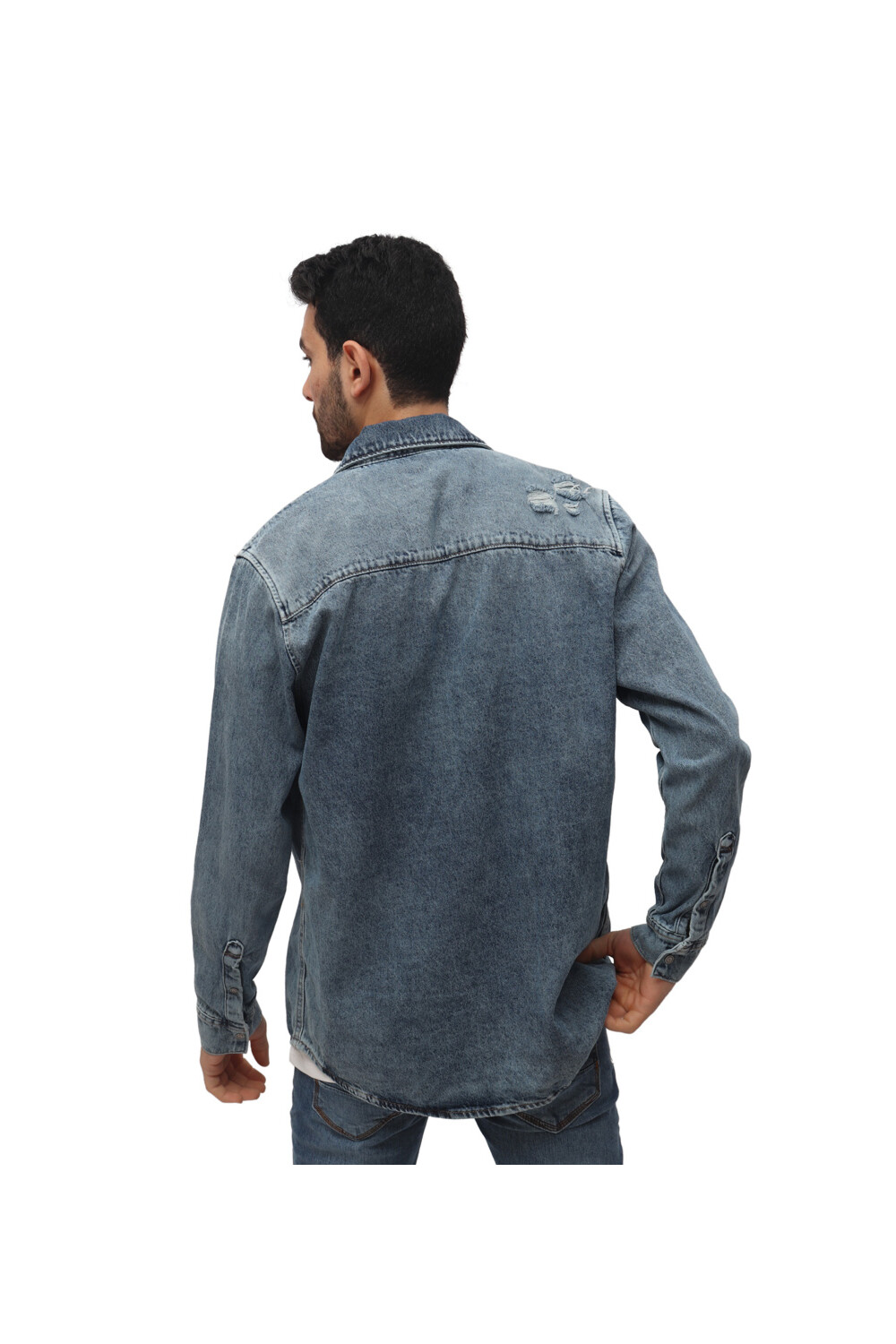 Men's Denim Front Pockets Cutting Details Long Sleeves Shirt