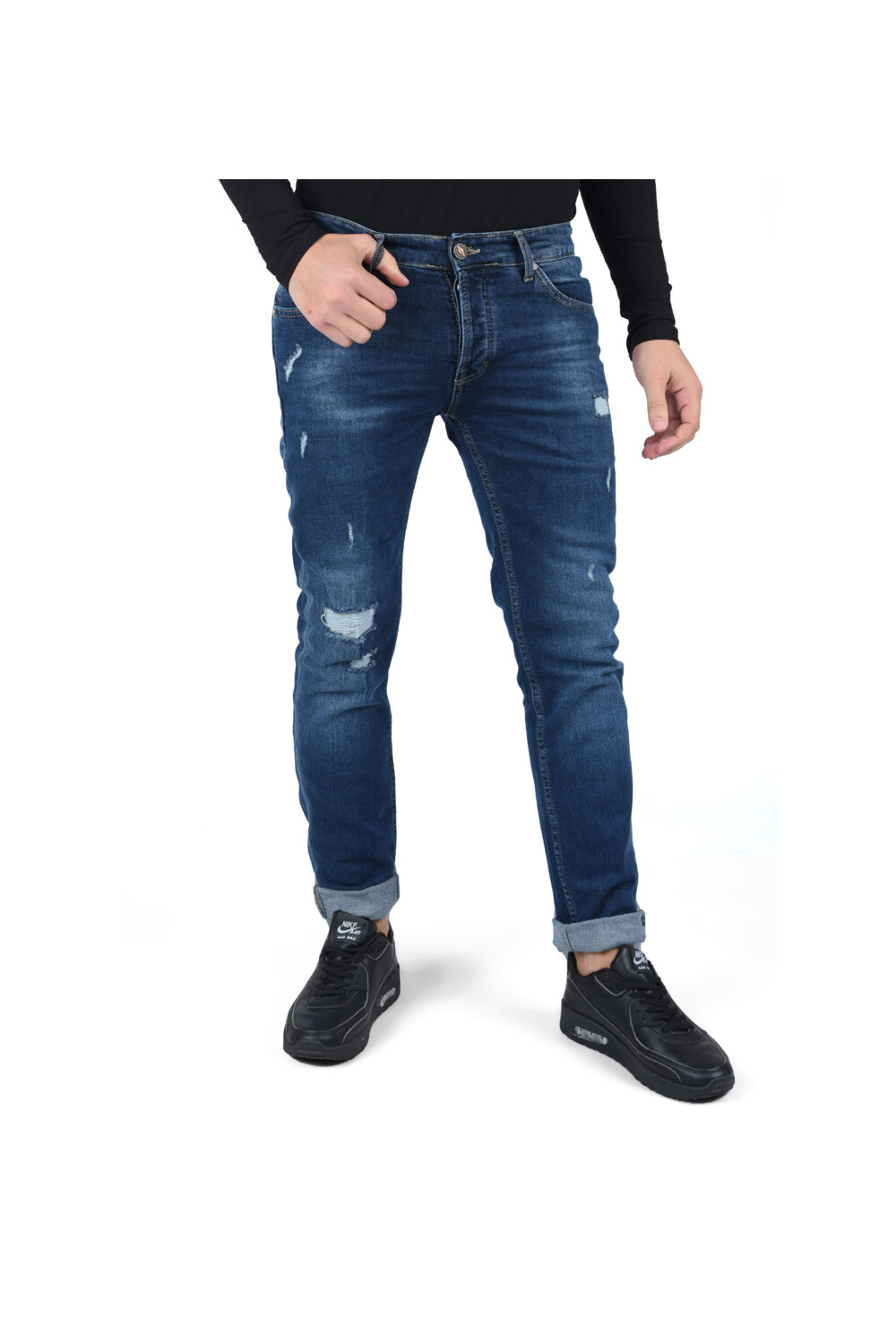 Men's Slim Fit Five Pockets Straight Leg Jeans Pants With Cutting Details