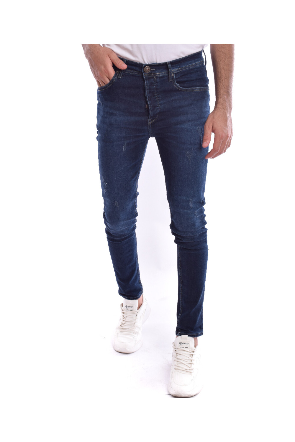 Men's Slim Fit Laser With Five Pockets Dark Blue Jeans Pants