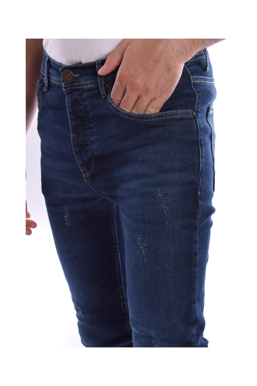 Men's Slim Fit Laser With Five Pockets Dark Blue Jeans Pants