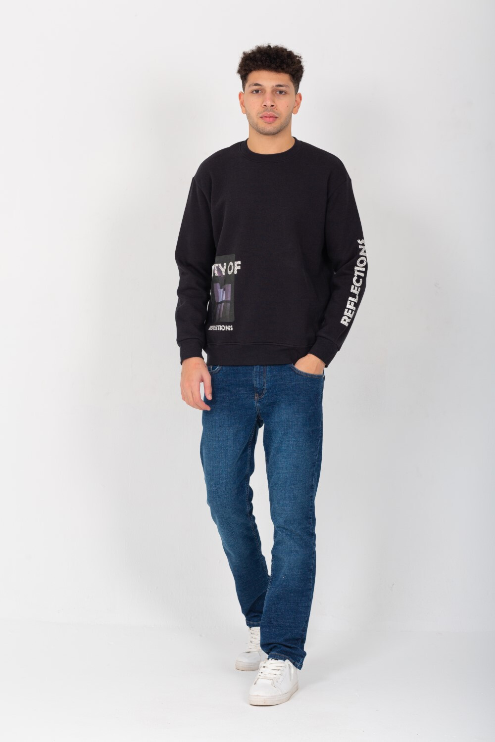 Men's Rounded Neck Padded With Unqiue Modern Front Pattern & Printed Sleeve Sweatshirt